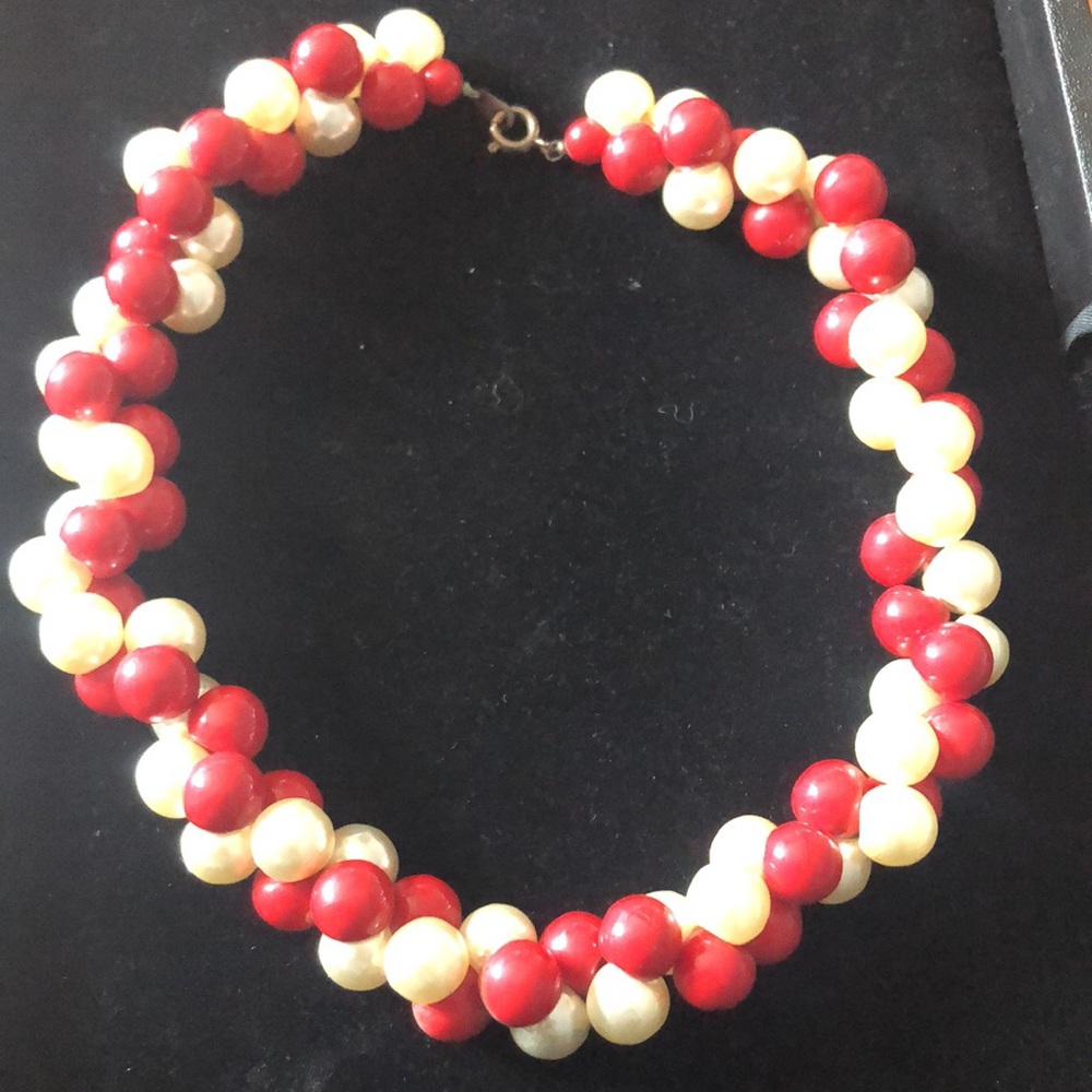 Red and white beaded statement necklace